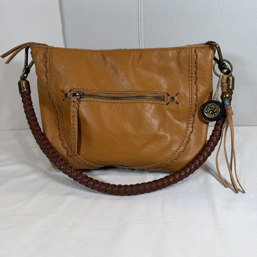 The Sak Tan Leather Large Hobo Shoulder Bag Purse Embroidered And Braided Strap